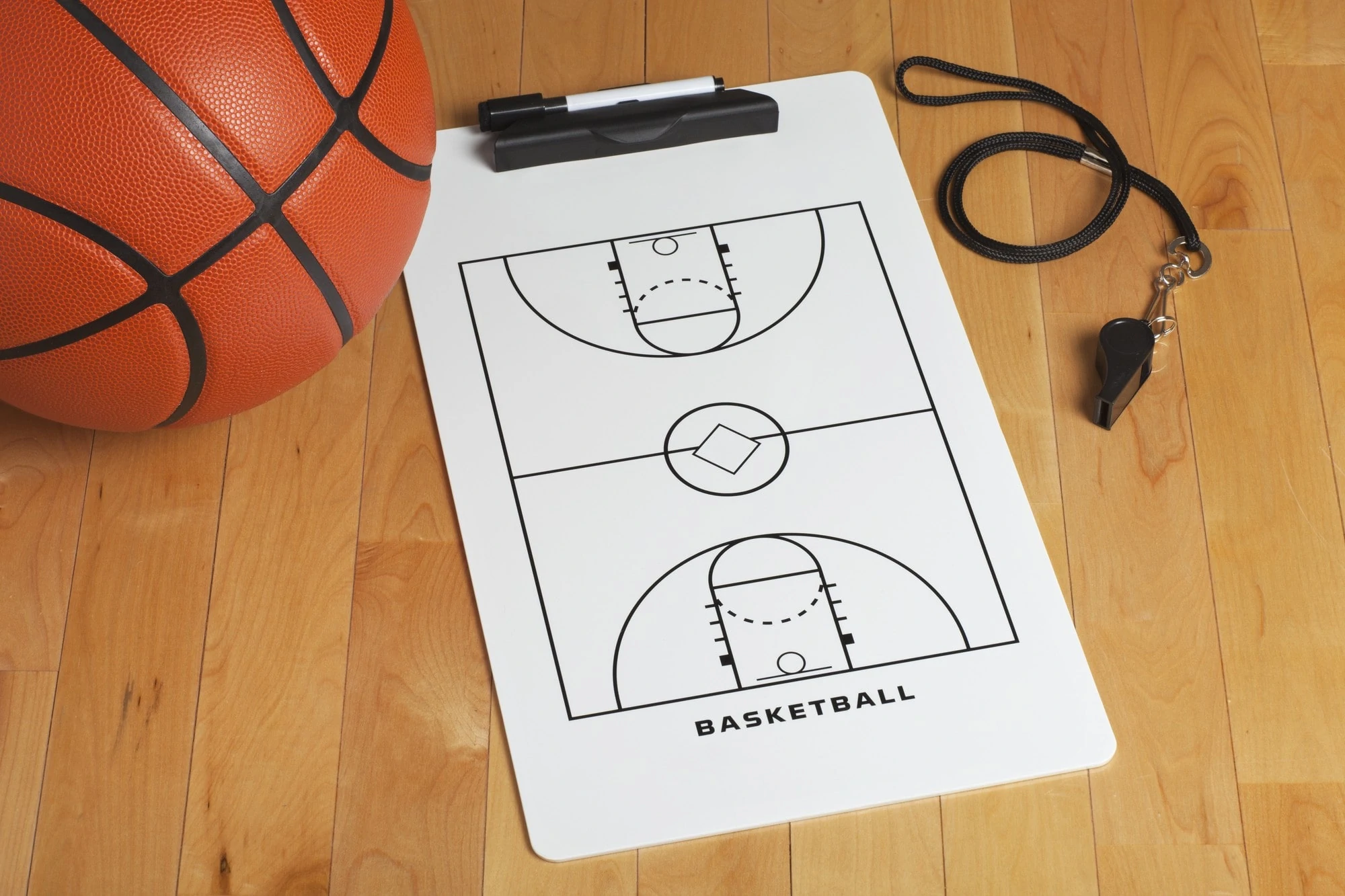 A basketball coach's clipboard rests on a wooden floor beside a basketball